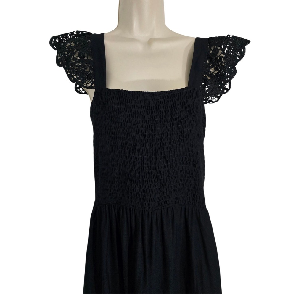 Zesica Black Smocked Crochet Lace Flutter Sleeve Tiered Viscose Dress Large NWT - Picture 2 of 13